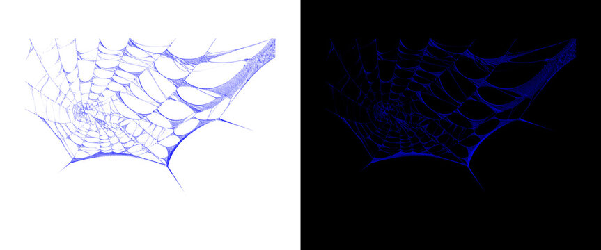 Neon blue spider web illustration, glowing spiderweb graphic on black and white backgrounds, spooky halloween cobweb design for digital art