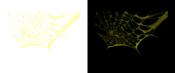 Golden spider web illustration set, glowing yellow cobweb design elements on black and white backgrounds, spooky halloween spiderweb graphics © Smart Studio