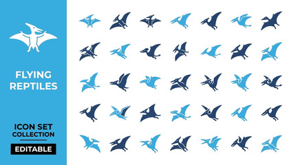 Pterosaur and flying reptile icon collection in blue silhouettes © Lunar Studio