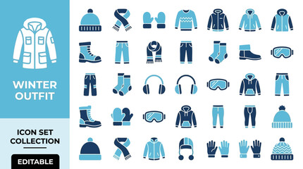 Blue winter clothing and cold weather accessories icon set © Lunar Studio