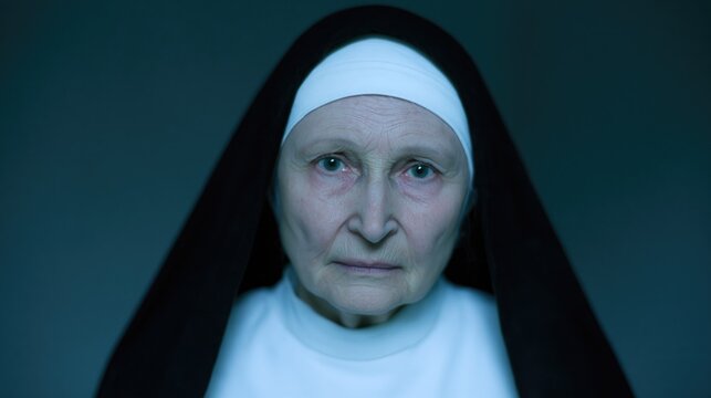 Elderly nun in traditional habit with solemn expression: sermon for inner peace. Dignity and wisdom