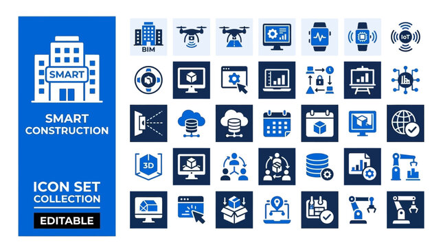 Smart construction and building information modeling icon set