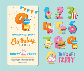 Fototapeta premium Birthday Anniversary with Funny Character and Birthday Invitation Card Template for banner, poster, vector illustration.