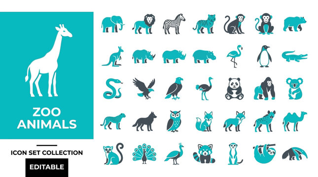 Wild zoo animal icon collection featuring various species