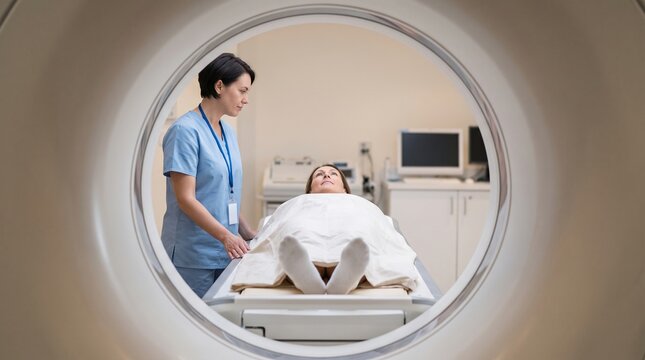 Professional radiology technician positioning a patient for a CT scan in a modern hospital imaging room. White female patient lying on the scanner table during diagnostic medical examination.