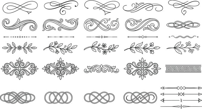 Elegant Vintage Ornamental Divider and Decorative Border Collection with Floral Flourishes, Scroll Elements and Classic Line Art Designs