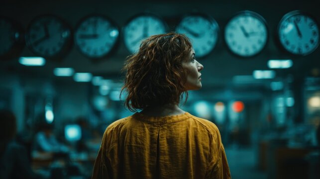 Woman standing in a room with clocks on the wall