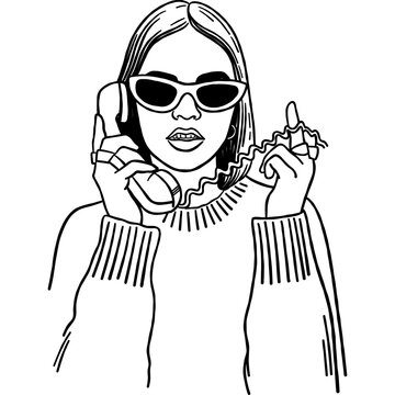 Fashion Woman on Phone Line Art Portrait