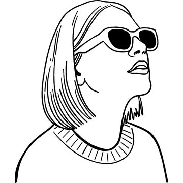 Woman Wearing Sunglasses Looking Up Line Art