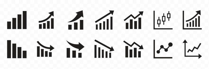 Growing bar graph icon set. Business graphs and charts icons. Statistics and analytics vector icon. Statistic and data, charts diagrams, money, down or up arrow Growth icon set. Containing arrow up, © icon studio 333