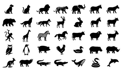 Fototapeta premium Animal Black Icon Set, Wild and Domestic Animals Silhouette Collection