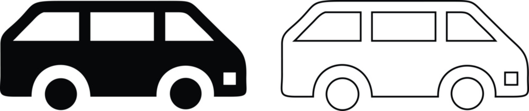 Minimalist minivan passenger van icon vector set featuring classic camper minibus solid silhouette and outline line art graphic design illustrations