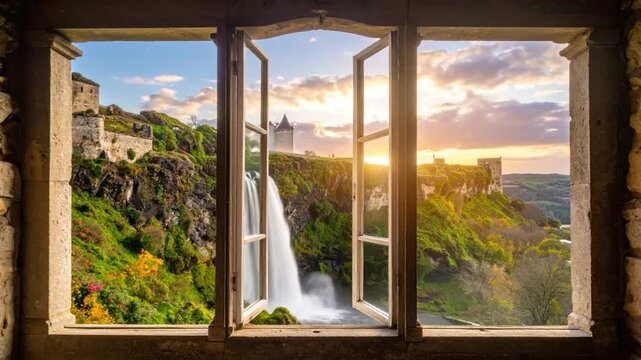 A scenic vista framed by a window, featuring a waterfall and ancient castle