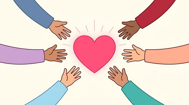 Hands holding red paper heart together in unity. Diverse team joining hands to symbolize love and collaboration.