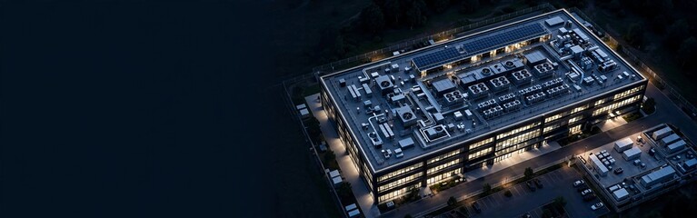 High angle aerial view of modern illuminated data center building at dusk with copy space on dark background © King22