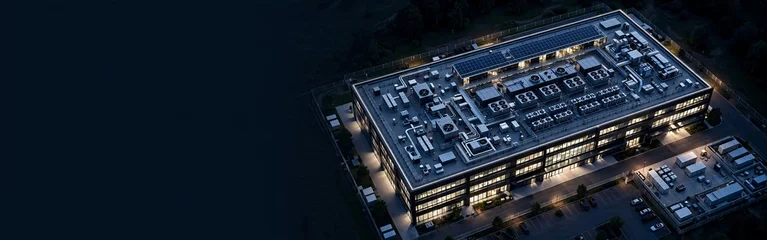 High angle aerial view of modern illuminated data center building at dusk with copy space on dark background © King22