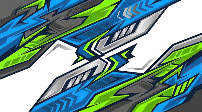 Blue and green geometric racing car vinyl wrap graphic.