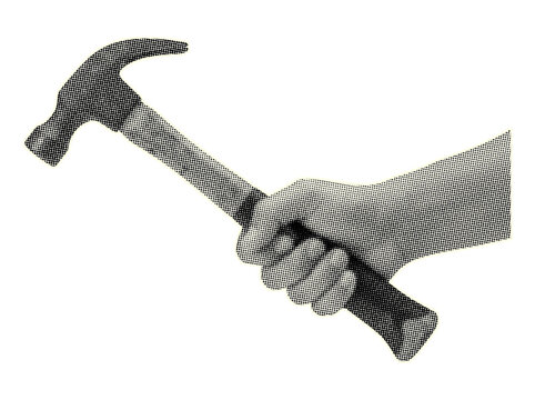 Retro halftone hand holding hammer art collage on transparent background.