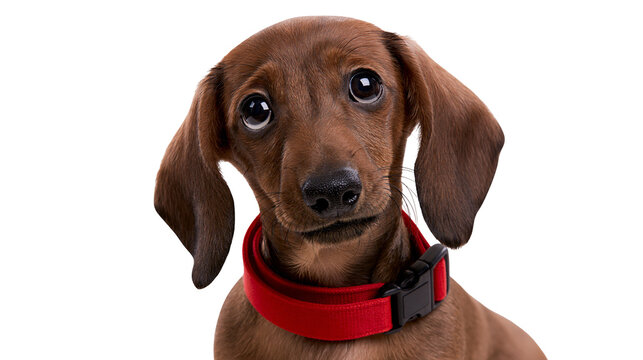 Brown Dachshund puppy with big eyes wearing a red collar