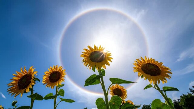 Sunflowers under a brilliant sun, a halo visible in clear, bright sky