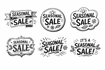 Fototapeta premium Hand drawn seasonal sale badges set promoting retail discounts, special offers, and shopping promotions with various designs including ribbons, circles, and ornate frames