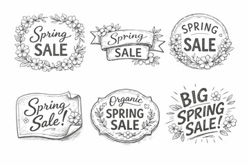 Obraz premium Collection of vintage sketch style spring sale labels with blooming flowers and leaves, perfect for seasonal advertising, marketing, and special offers