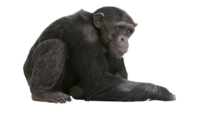 Chimpanzee sitting looking to the side black fur, white