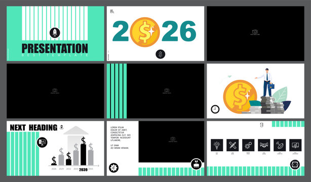 Template business presentations, green design elements on a white background. Businessman with finances for 2026, buying a property apartments. Use in flyer PowerPoint infographic. Vector illustration
