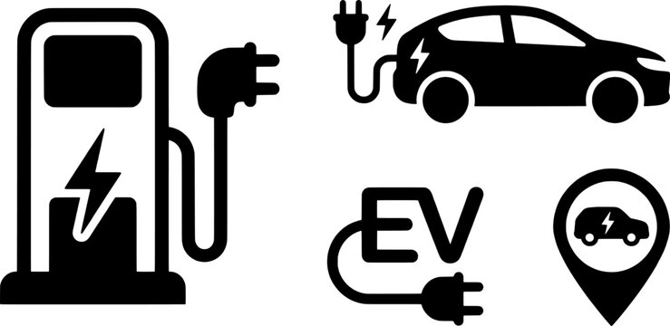 Electric car charging at ev station icons