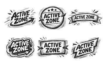 Fototapeta premium Active zone banner set creating a collection of hand drawn labels, badges, and stickers, depicting various frames, ribbons, and speech bubble shapes with a sketch style