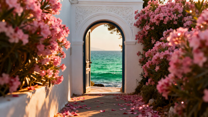 Fototapeta premium White Mediterranean archway with pink flowers over the blue sea