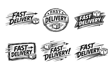 Obraz premium Fast delivery and shipping services concept with a collection of hand drawn labels. Badges. And logos featuring moving packages and arrows illustrating express logistics. Parcel post