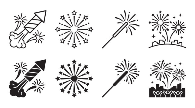 Celebration fireworks and pyrotechnics linear and solid vector icon set with fireworks sparkler celebration cheering