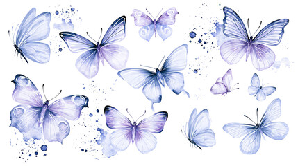 Watercolor butterflies in shades of blue and purple with paint splatters © Peregrine