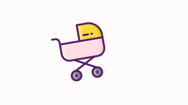 Baby stroller icon animation. Cute infant carriage graphic moving on white background.