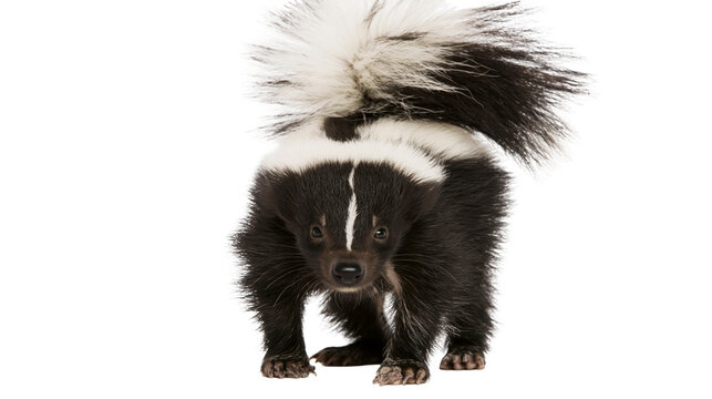 Young skunk with fluffy tail and black and white fur