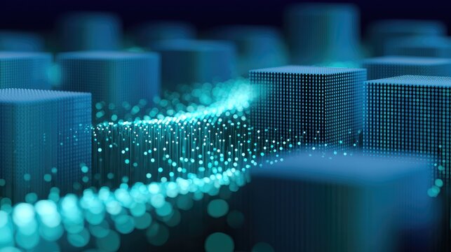 Abstract glowing data stream flows between digital pillars