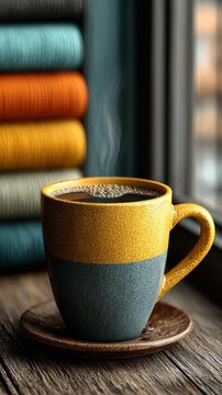 Cup of coffee on a saucer on a table drink background