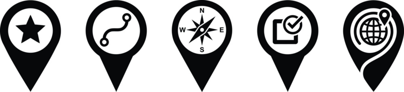Modern Navigation Map Pin Icons with GPS, Compass, Checkpoint and Tracking Symbols Vector Set