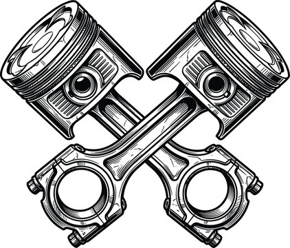 Crossed car engine pistons vector emblem design for automotive garage workshop motorcycle custom repair service logo