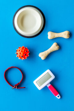 Set of treats and toys for pets with bones, collar and bowl on blue background top view