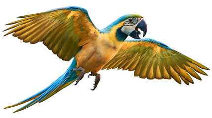Blue and yellow macaw parrot flying with wings spread © Peregrine