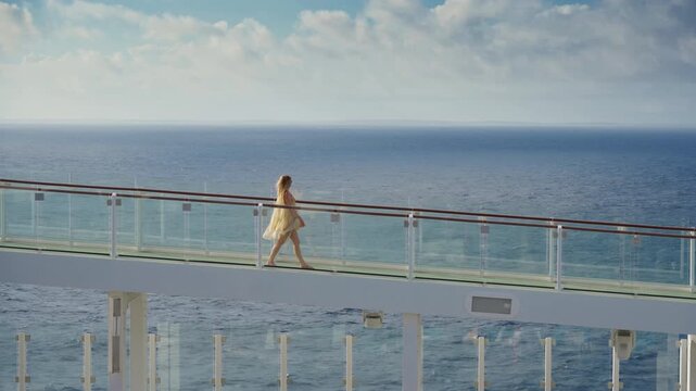 Young woman in flowing yellow dress walks across modern glass walkway on cruise liner deck. Vast Caribbean Sea stretches to the horizon under partly cloudy sky as her dress billows in the ocean.