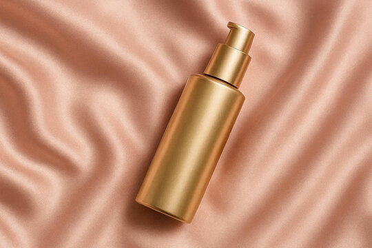Elegant Gold Cosmetic Pump Bottle on Pastel Silk Background