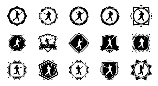 A collection of various baseball player silhouette logos and emblems, each with a unique frame design, presented in a grid.