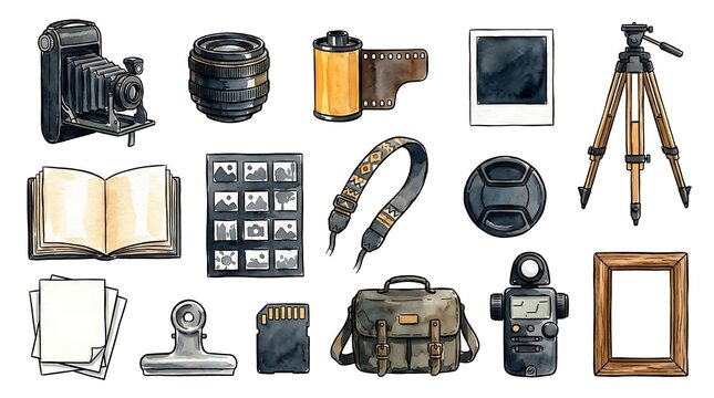 Watercolor photography icons set. Hand drawn camera equipment and accessories collection.