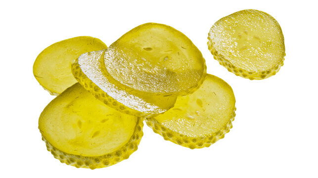 Dill pickle slices with visible seeds and textured rind