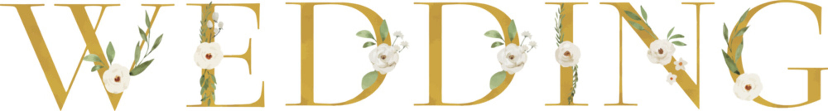Gold Glitter 'WEDDING' Text with White Roses and Green Leaves Accents