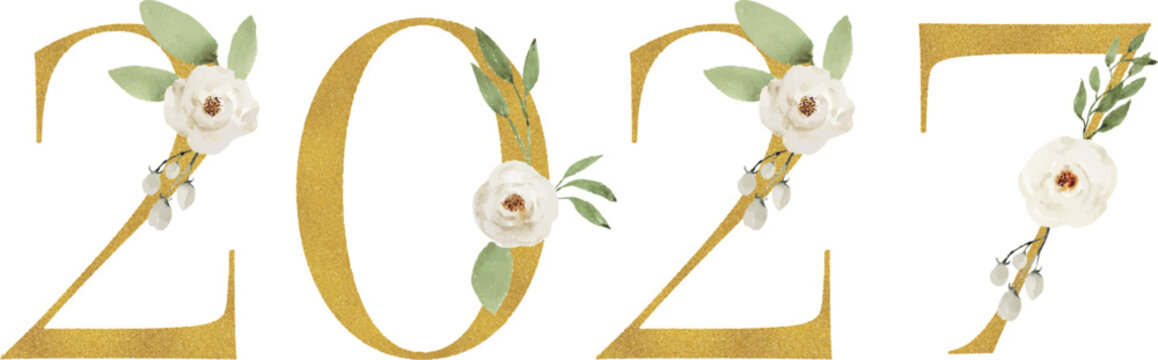 Sparkling Gold Numbers 2027 with White Roses and Green Foliage
