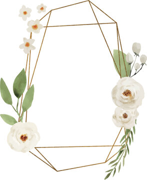 Geometric gold frame with watercolor white roses and green leaves
